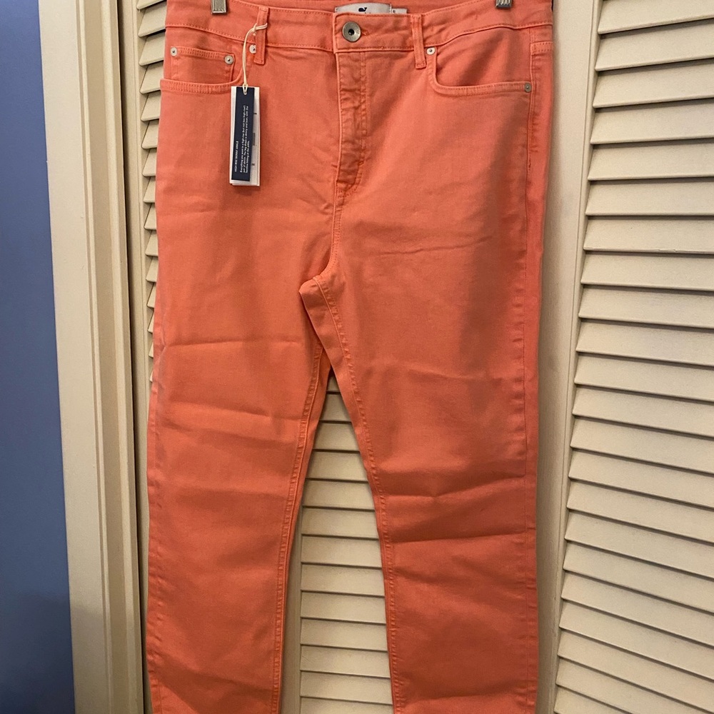Tangerine orange Vineyard Vines High Rise Skinny ankle denim jean pants.
